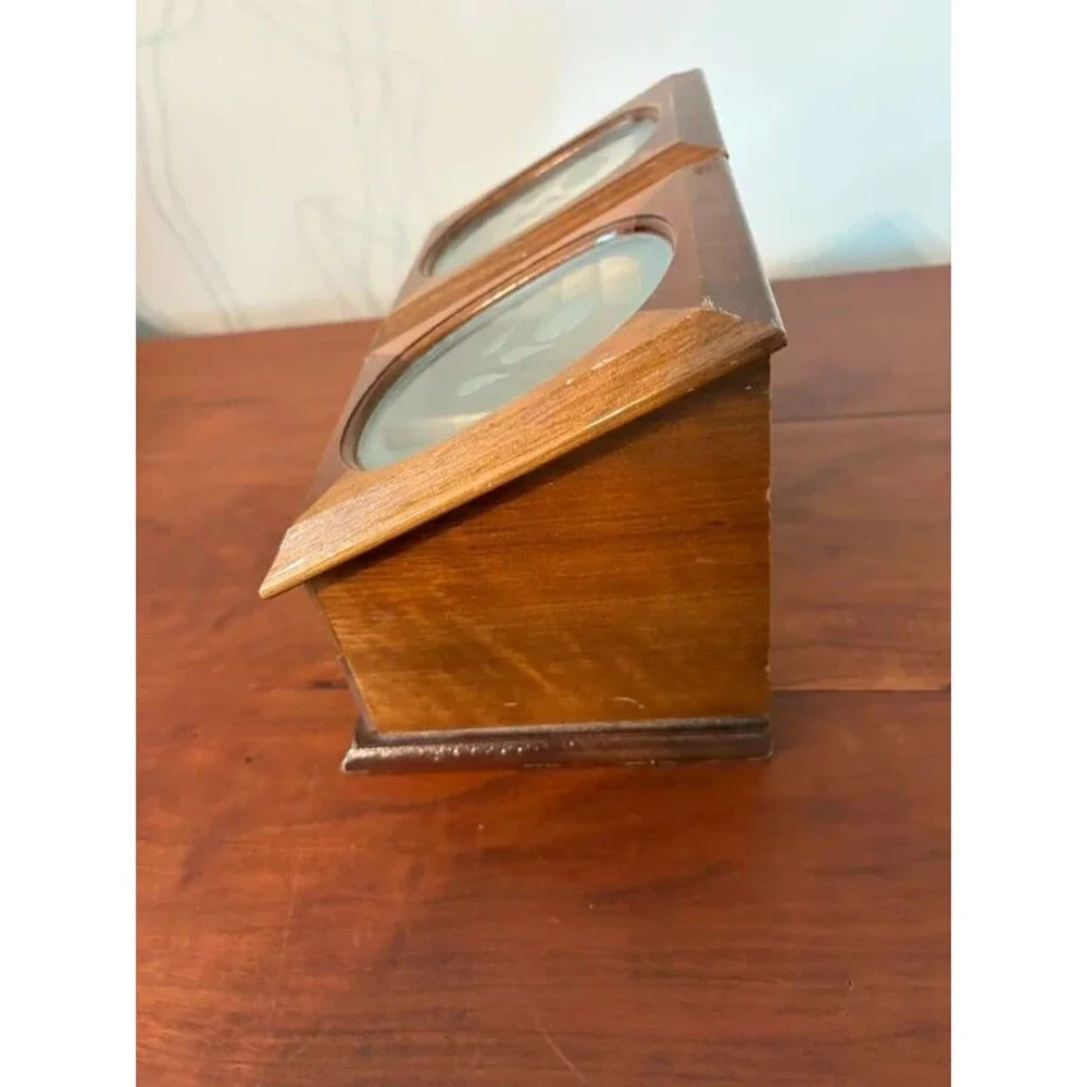 Vintage Wood Jewelry Box Double Etched Glass Rose Lids